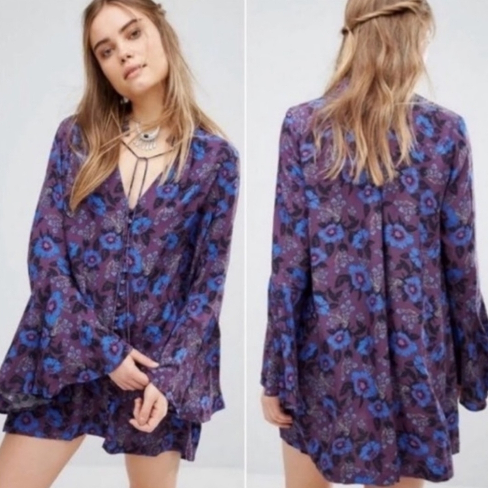 Free People Boho Floral Tunic Dress Purple Blue Bell Sleeve Flowy Mini XS